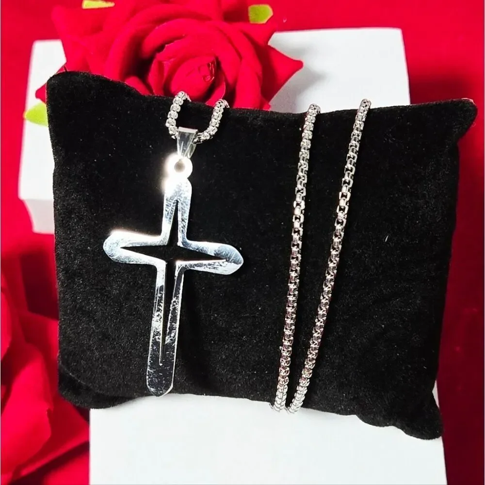 Silver Hollow Cross Pendant Necklace Stainless Steel Unisex Box Chain Jewelry